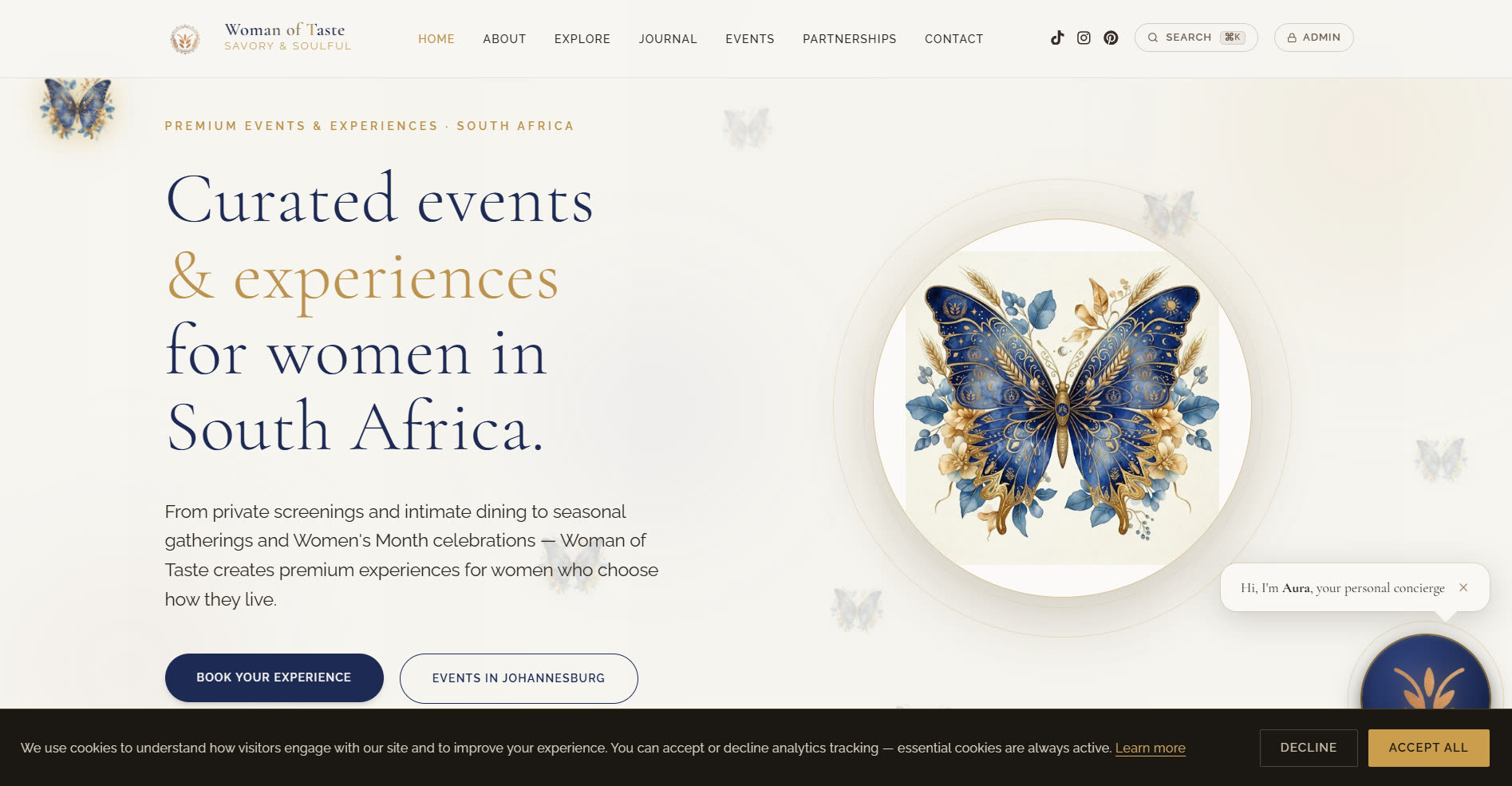 Woman of Taste homepage, built and run on Okiru BizBrain — curated events and experiences for women in South Africa